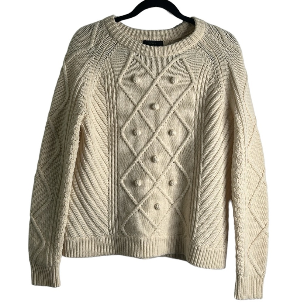 J crew ivory wool sweater size small pompom front crew neck thick fisher…